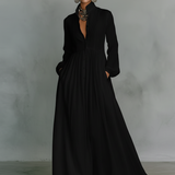 Rozália – patchwork len maxi ruha állógallérral