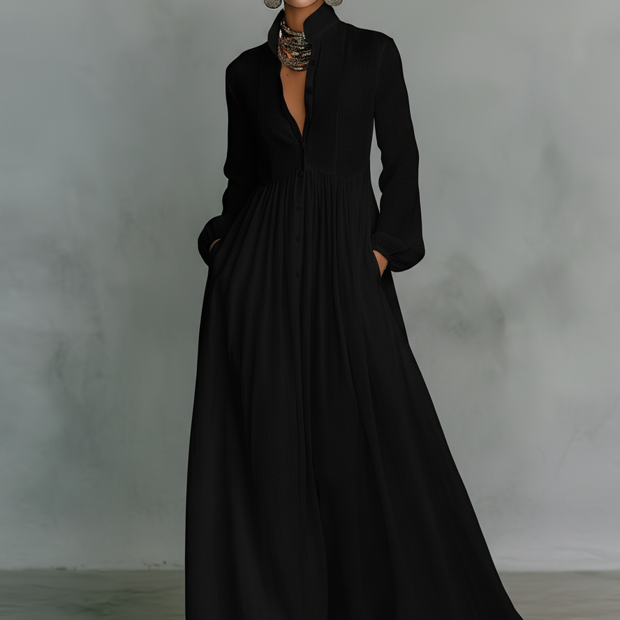 Rozália – patchwork len maxi ruha állógallérral