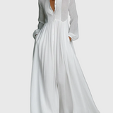 Rozália – patchwork len maxi ruha állógallérral