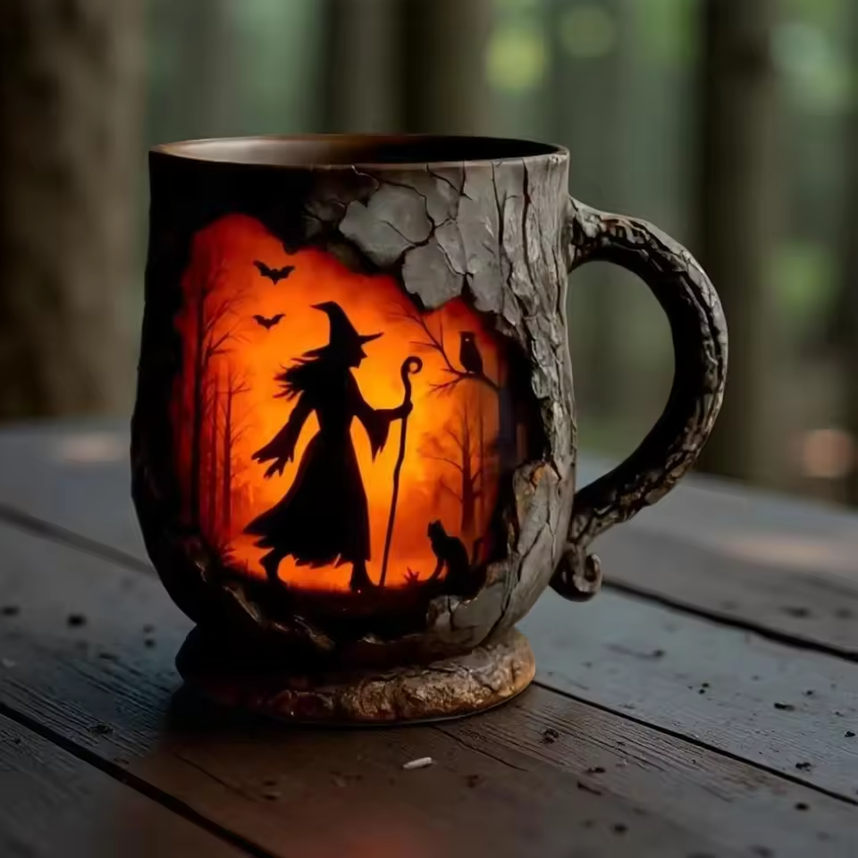 3D Halloween kézműves bögre – boszorkány és macska mintával