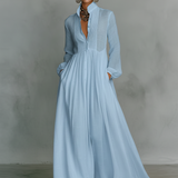 Rozália – patchwork len maxi ruha állógallérral