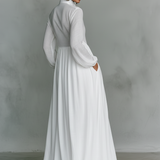 Rozália – patchwork len maxi ruha állógallérral
