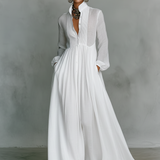 Rozália – patchwork len maxi ruha állógallérral