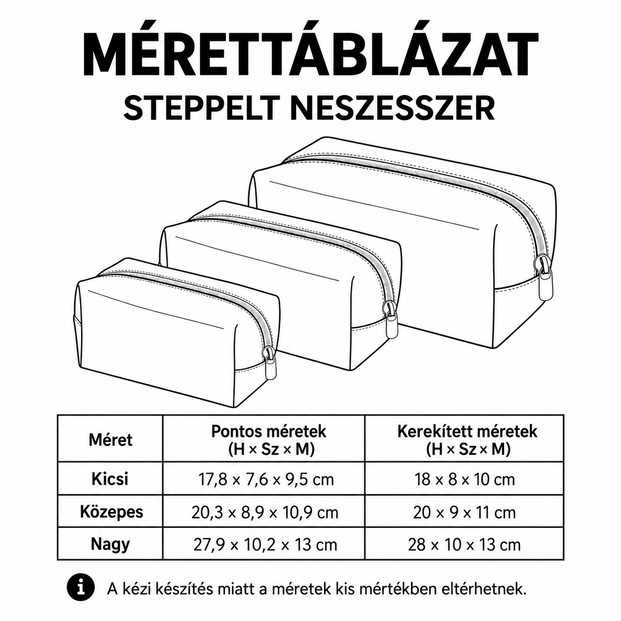 Steppelt neszesszer – mérettáblázat