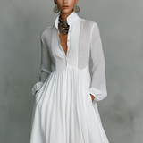 Rozália – patchwork len maxi ruha állógallérral