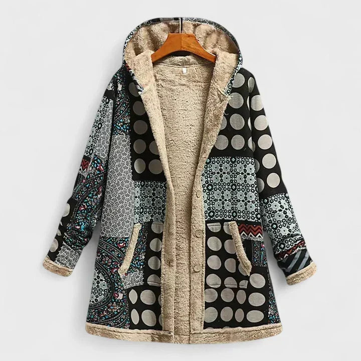 Samantha | Meleg, retró stílusú parka – Antracitszürke virágminta